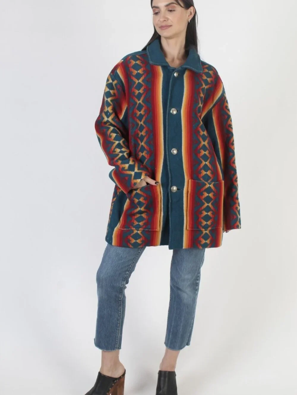 Pendleton Mens Women Aztec Wool Native American Barn Coat Concho Jacket 44 Large